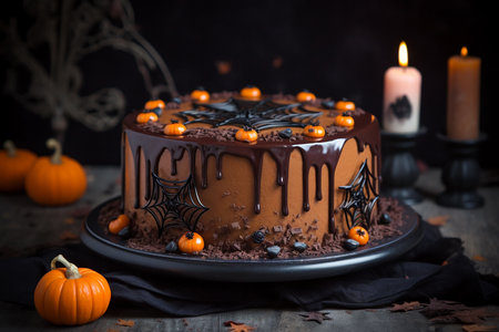 Chocolate Halloween decorated cake closeup, Generative AIの素材
