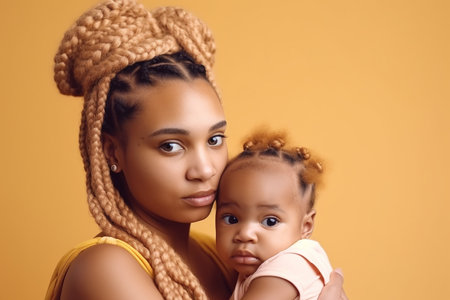 Pretty young afro-american woman with a baby on the light yellow background, Generative AIの素材
