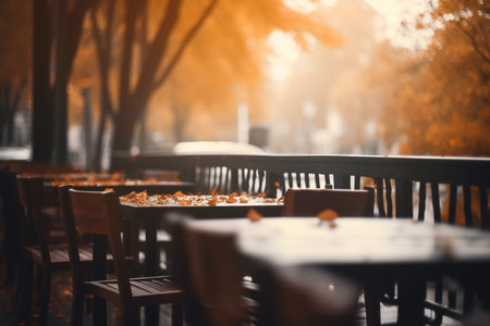 Empty tables terrace, autumn season, Generative AIの素材