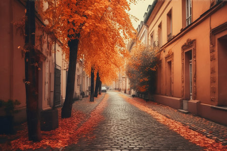 Autumn street with dry leaves, Generative AIの素材