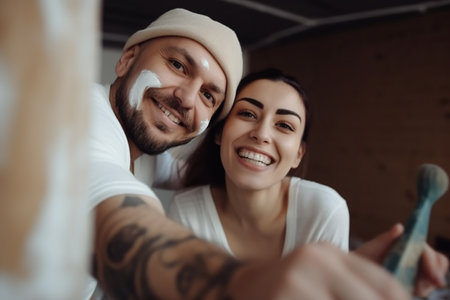 Young happy couple making repairs in the apartment, Generative AIの素材