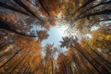 Autumnal forest, view from bottom, fish eye effect, Generative AIの素材