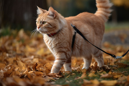 Cat on a leash in an autumn park, Generative AIの素材
