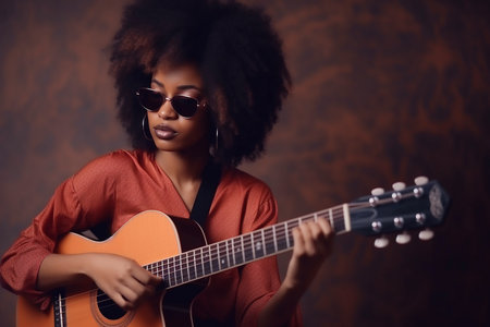 Afro-american young woman playing guitar, Generative AIの素材