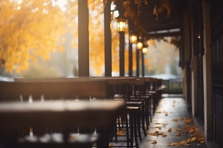 Empty tables terrace, autumn mood, Generative AIの素材