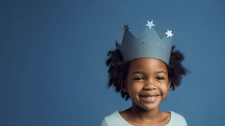 Little afro-american girl wearing a crown, blue background, copy space, Generative AIの素材