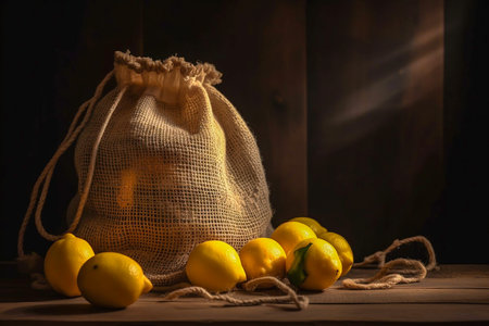 Bright lemons in a textile bag, harvest, Generative AIの素材