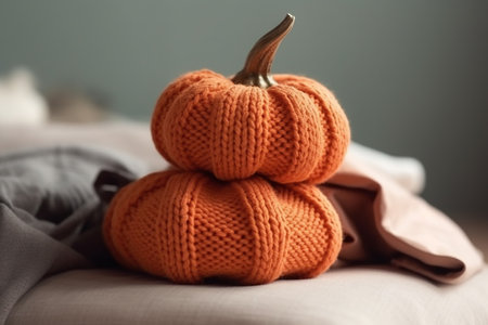 Handmade knitted decorative pumpkins, interior decoration, Generative AIの素材
