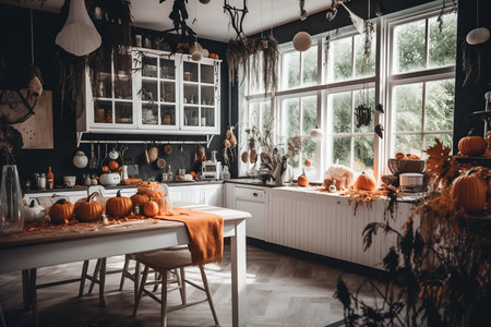 Home kitchen decorated in Halloween style, Generative AIの素材