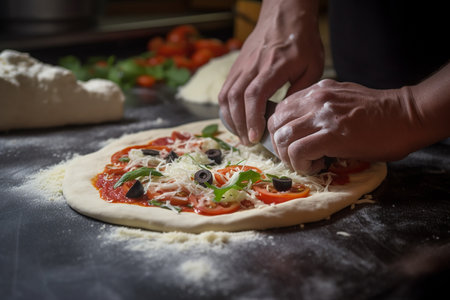 Human hands closeup cooking pizza, closeup, Generative AIの素材