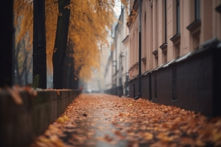 Autumn street perspective with dry leaves, Generative AIの素材