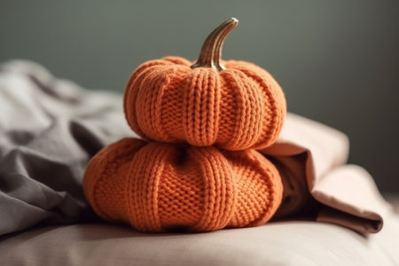 Handmade knitted decorative pumpkins, interior decoration, Generative AIの素材