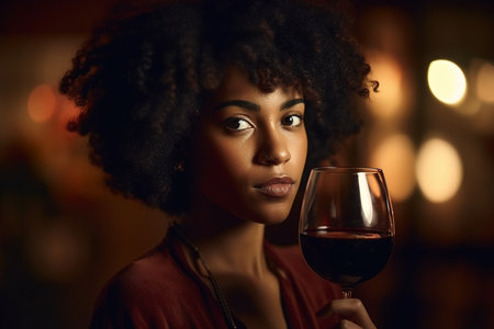 Pretty afro-american woman with a glass of red wine, Generative AIの素材