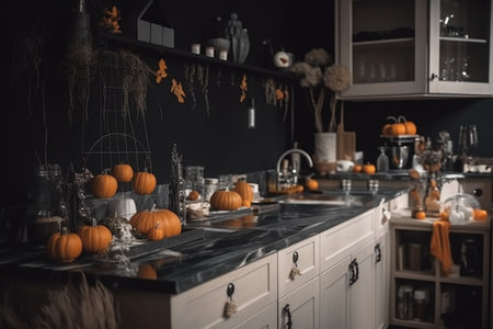 Home kitchen decorated in Halloween style, Generative AIの素材