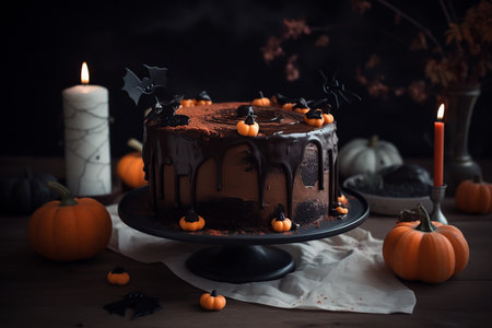 Chocolate Halloween decorated cake closeup, Generative AIの素材