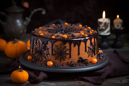 Chocolate and orange Halloween decorated cake closeup, Generative AIの素材