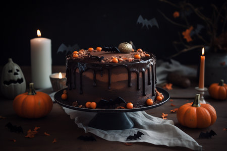 Chocolate Halloween decorated cake closeup, Generative AIの素材