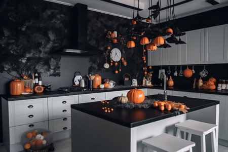 Home kitchen interior decorated in Halloween style, Generative AIの素材