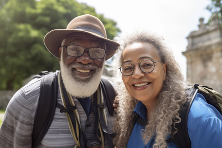 Afro-american senior couple traveling posing closeup, Generative AIの素材