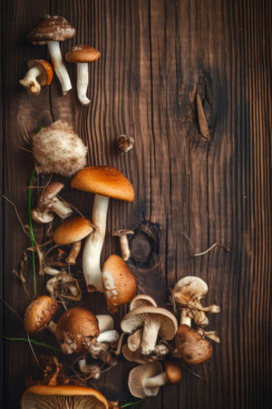 Assortment of mushrooms, top view, wooden background, copyspace, Generative AIの素材