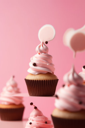 Flying cupcakes on the pink background, vertical, banner, Generative AIの素材