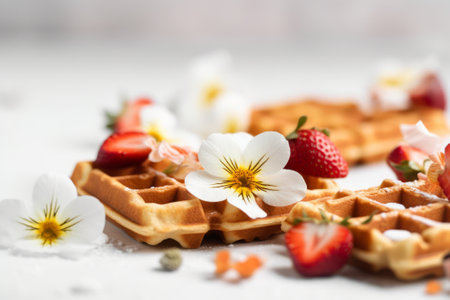 Homemade waffles with flowers and berries, closeup, Generative AIの素材