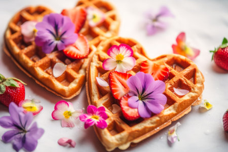 Homemade heart shape waffles decorated with berries and flowers, top view, Generative AIの素材