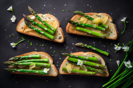 Toasts with asparagus and garlic, top view, Generative AIの素材