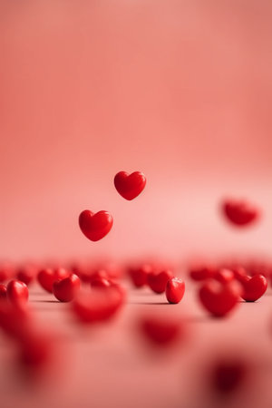 Flying red volumetric hearts, Valentine Day symbol, copy space, Generative AIの素材