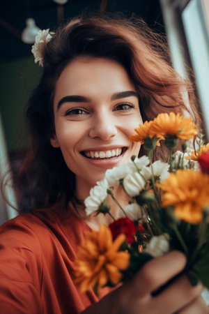 Young woman making selfie with flowers, Generative AIの素材