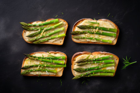Asparagus open toasts, closeup, Generative AIの素材