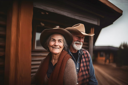 Senior couple on the wooden house background, Generative AIの素材