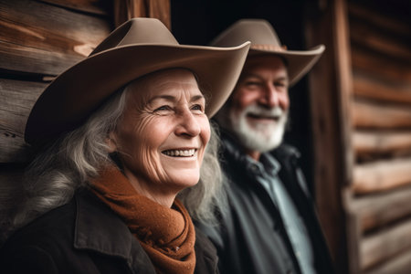 Senior couple on the wooden house background, Generative AIの素材