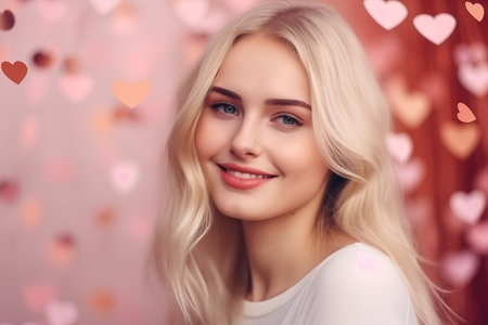 Young pretty woman on the blurred confetti background, Generative AIの素材