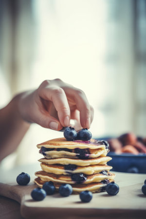 Female hand decorating homemade pancakes with the blueberries, Generative AIの素材