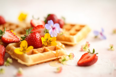 Square homemade waffles decorated with flowers and berries, closeup, Generative AIの素材