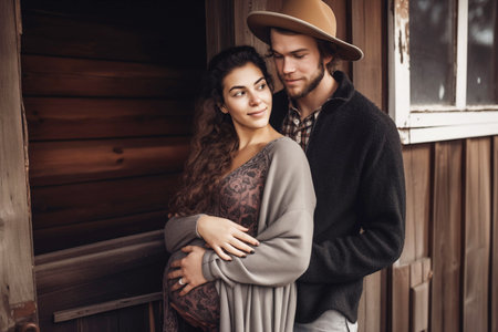 Young couple in wooden house, Generative AIの素材