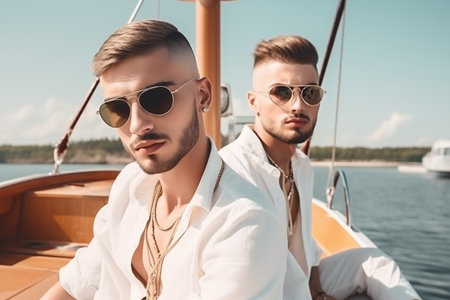 Young men on a yacht, Generative AIの素材