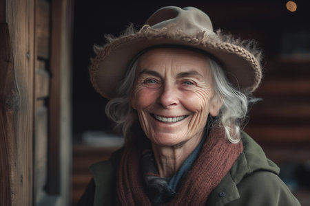 Senior woman near a wooden house, Generative AIの素材