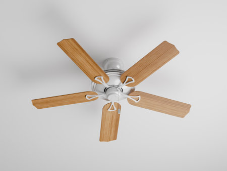 a modern ceiling fan on a white ceilingの写真素材