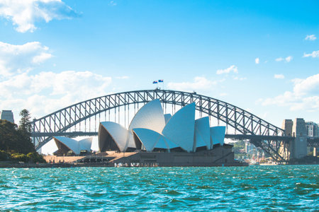 Sydney Opera House and Harbor Bridge in Summer taken from Mrs Macquarie's chairのeditorial素材