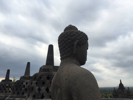 relief carving of borobudor pyramid on the walls of borobudur ruins near yogyakarta in java indonesiaの写真素材