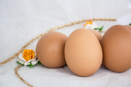 Raw egg on white fabricの写真素材