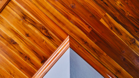 Modern ceiling,building ceiling wooden,teak wood material,carpenter design,ceiling is made of golden teak wood, lacquer is made from handの写真素材