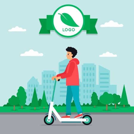 Urban vehicles. The young man in casual clothes, riding electrical scooter. With modern city background.のイラスト素材