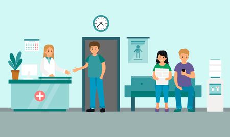 Modern medical clinic reception interior with furniture. Woman receptionist with doctor and patients queue.のイラスト素材