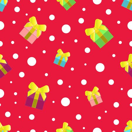 Colorful Vector seamless gift pattern. Gift boxes on a red background.のイラスト素材