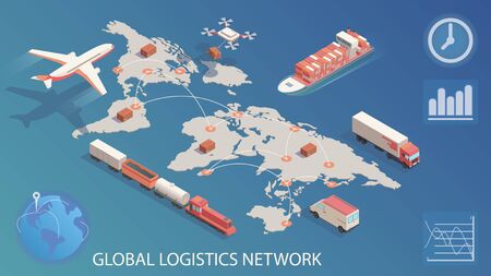 Isometric global logistics network. Concept of air cargo trucking rail, transportation maritime shippingのイラスト素材