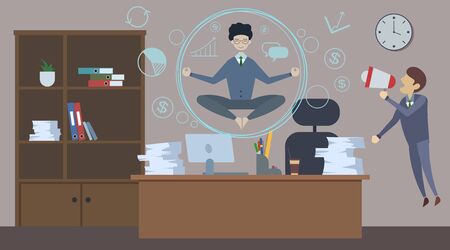 Bad angry boss shouting at employee with loudspeaker. Office man doing Yoga to calm down the stressful emotion.のイラスト素材