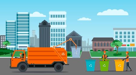City waste recycling concept with garbage truck, garbage collector and garbage men on city landscape background. Flat style. Vector illustrationのイラスト素材